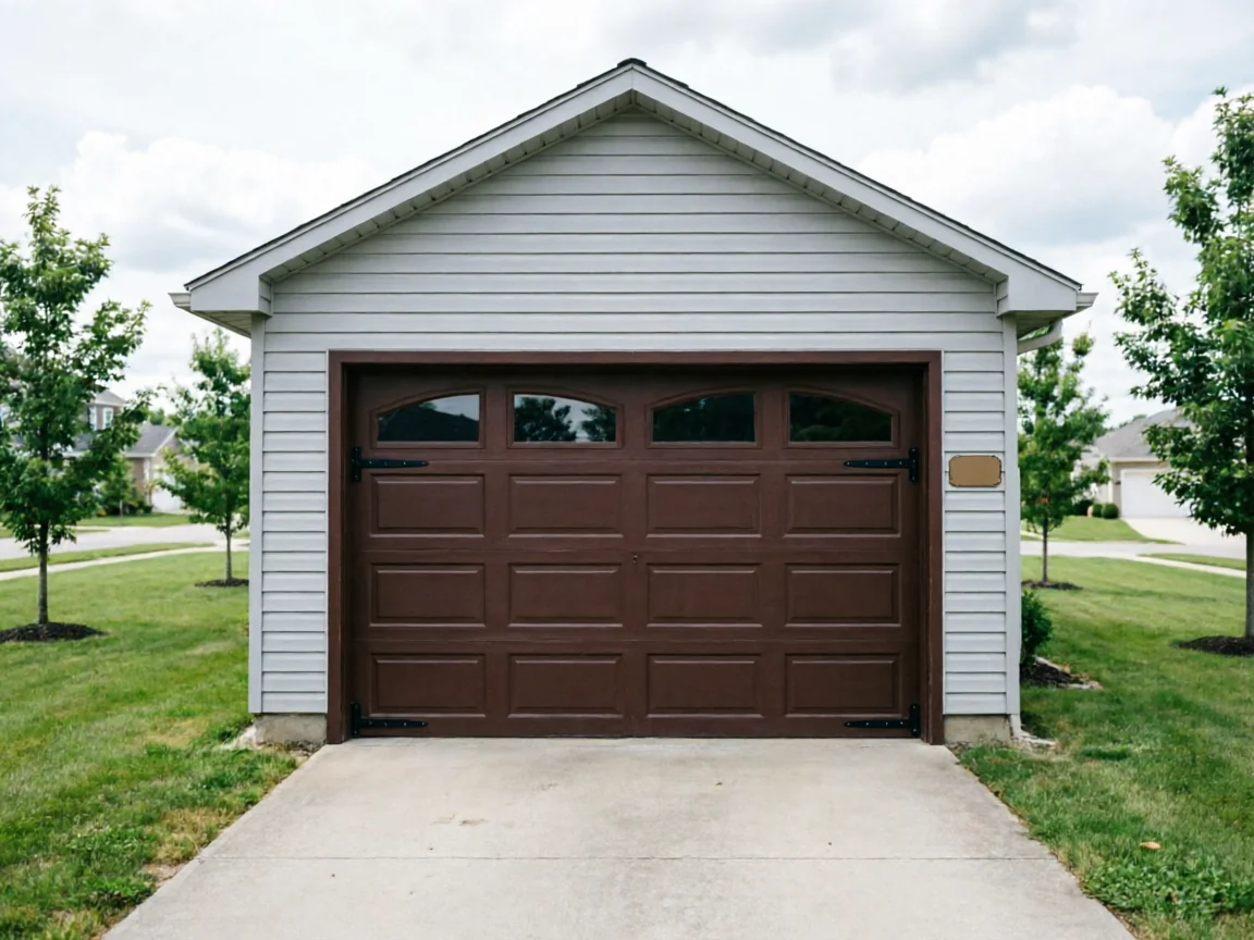 A brown garage door with windows is on a white detached garage.