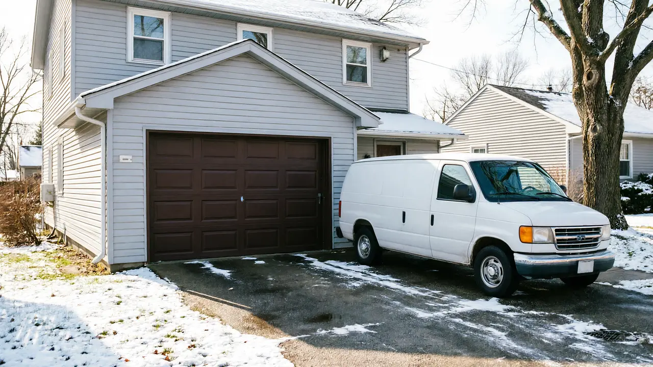 A white service van is parked in a snowy driveway in front of a house.