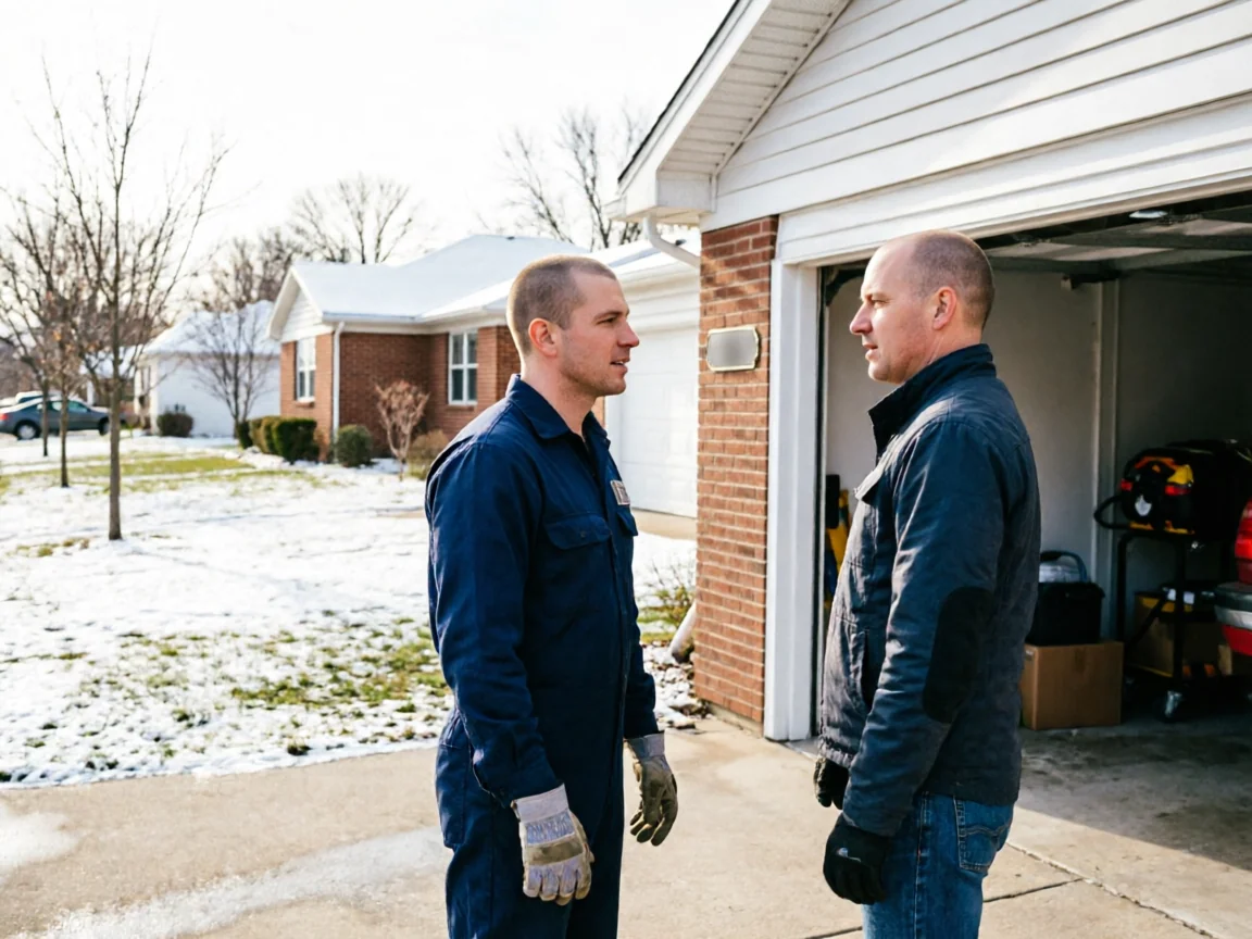 A technician in a blue jumpsuit talks to a man in front of a garage.