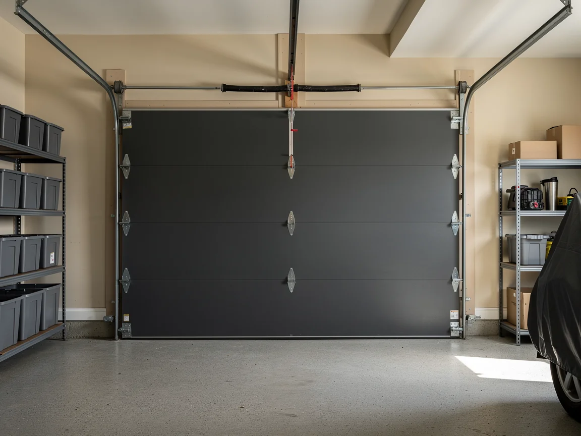 A closed gray garage door is centered in a clean garage.