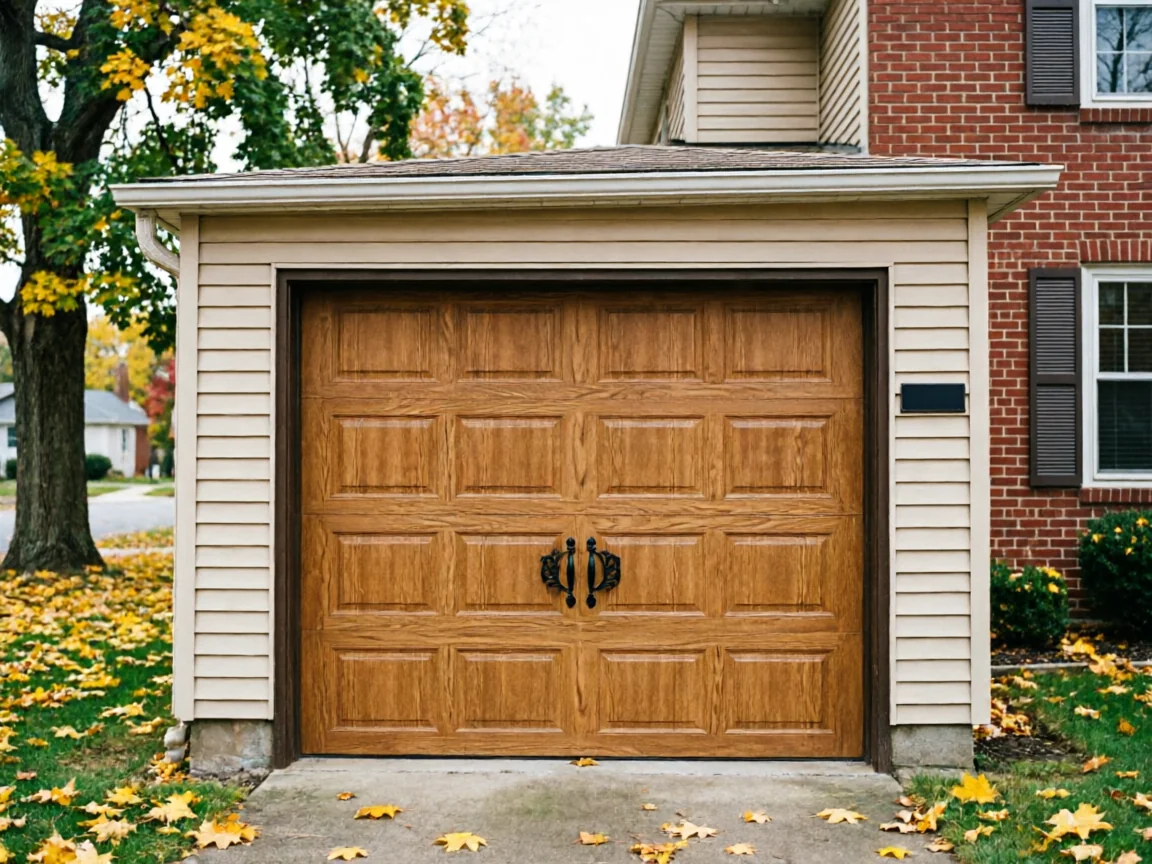 A light brown garage door with decorative black handles is on a house with tan siding.
